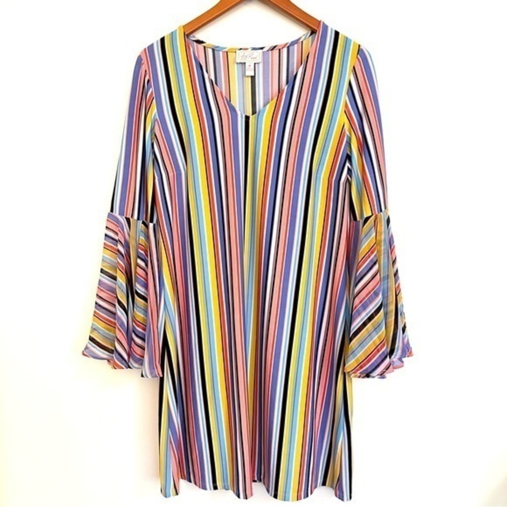 Ivy Road Hippie Multicolored Striped Dress Bell Sleeves Size Medium